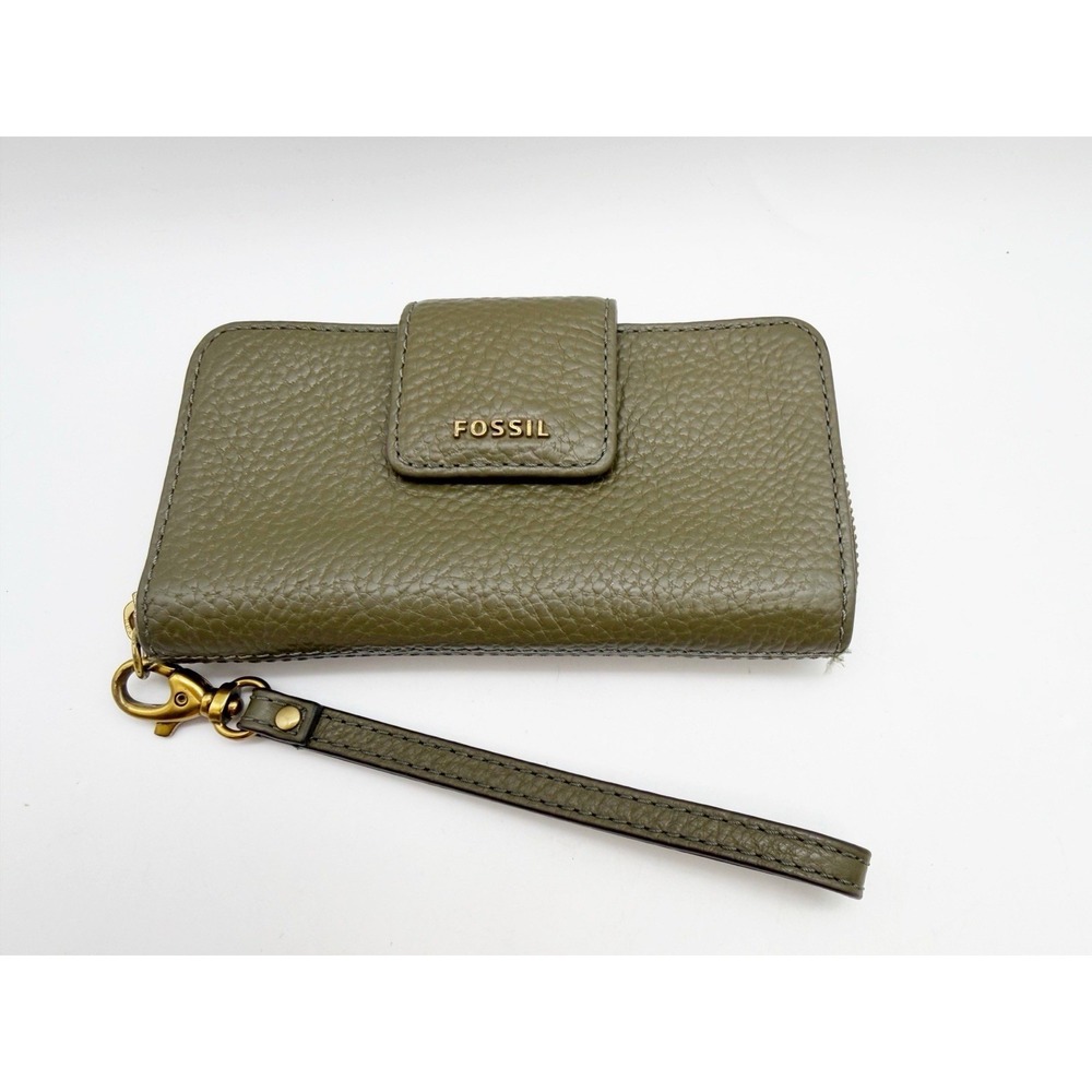 Fossil Wristlet Wallet Women's Green Leather Zip Around Clutch‎ Cell Phone
